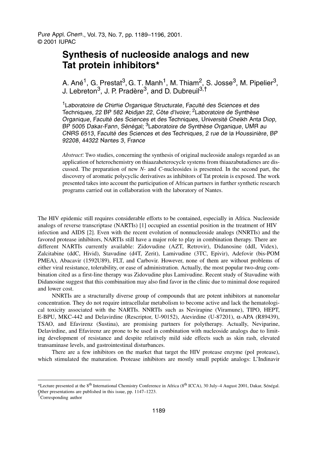 Synthesis of Nucleoside Analogs and New Tat Protein Inhibitors*