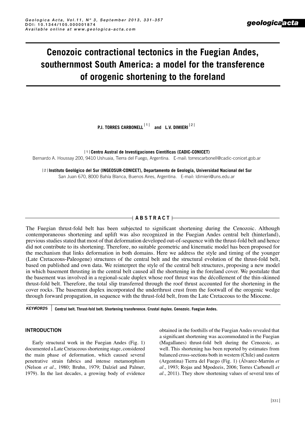 Cenozoic Contractional Tectonics in the Fuegian Andes, Southernmost South America: a Model for the Transference of Orogenic Shortening to the Foreland