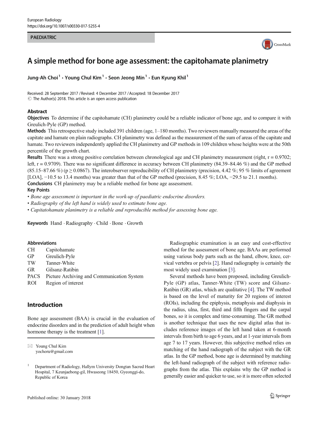 A Simple Method for Bone Age Assessment: the Capitohamate Planimetry