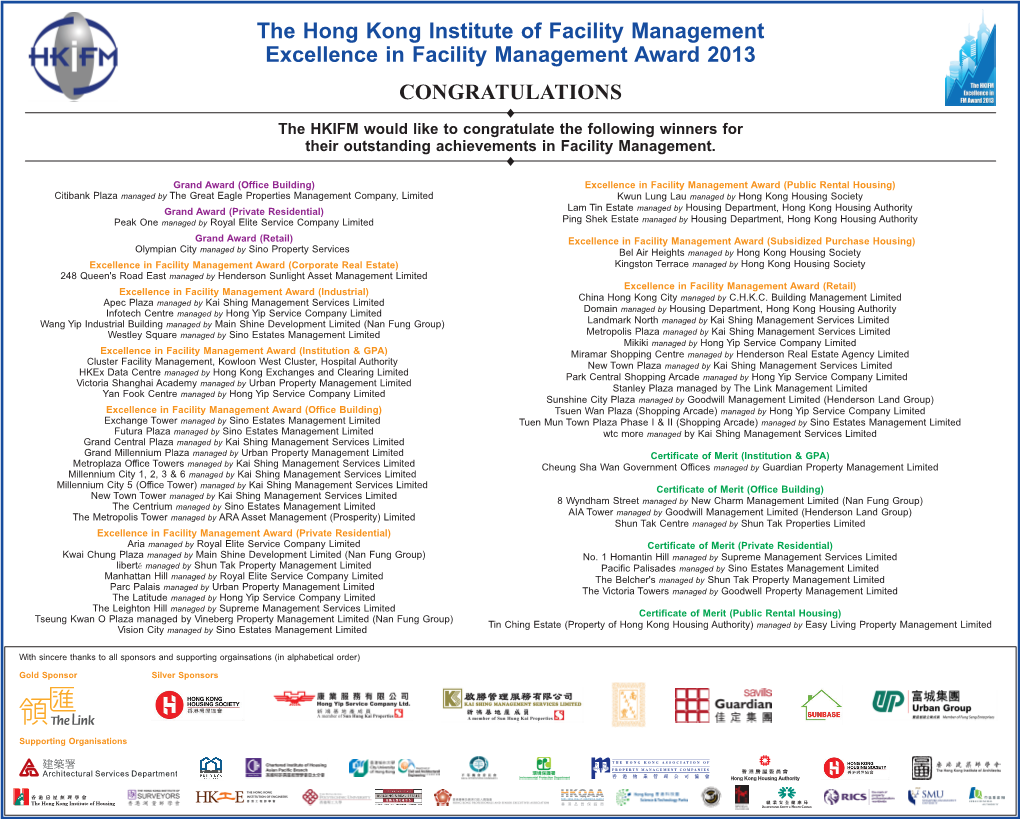 The Hong Kong Institute of Facility Management Excellence in Facility Management Award 2013 CONGRATULATIONS