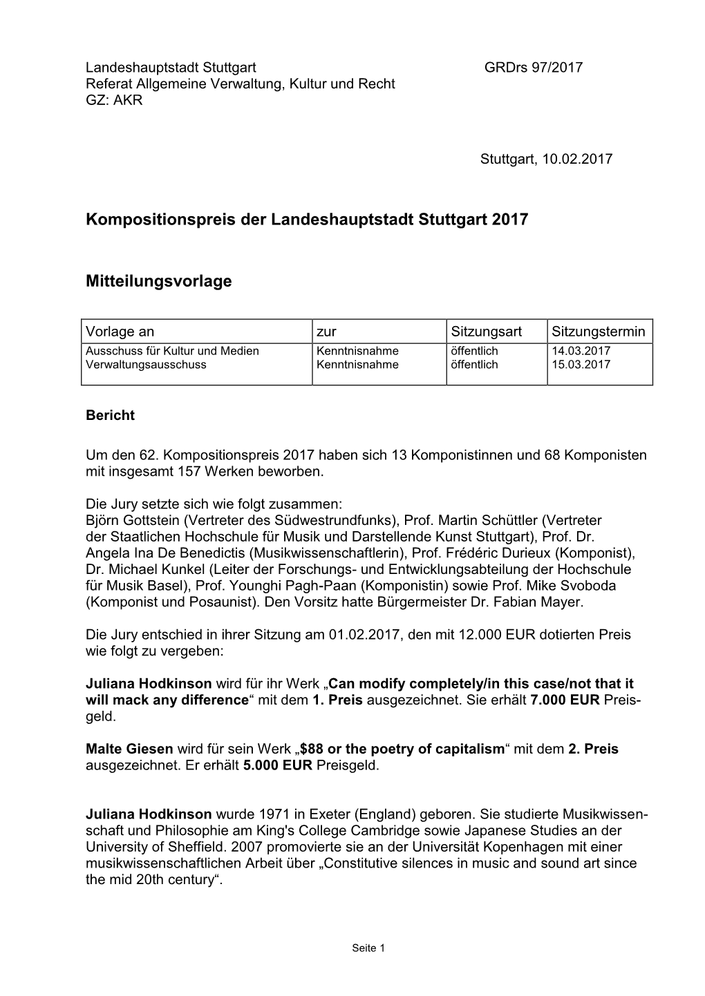 Kompositionspreis Der Landeshauptstadt Stuttgart 2017 Mitteilungsvorlage