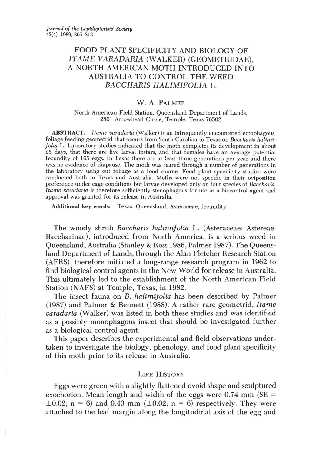 Food Plant Specificity and Biology of Itame Varadaria