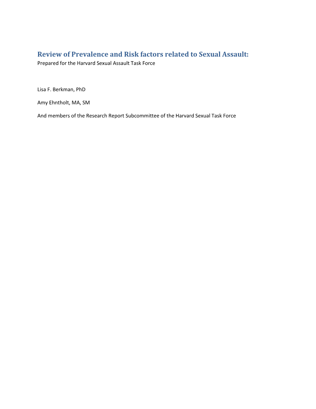 Review of Prevalence and Risk Factors Related to Sexual Assault: Prepared for the Harvard Sexual Assault Task Force