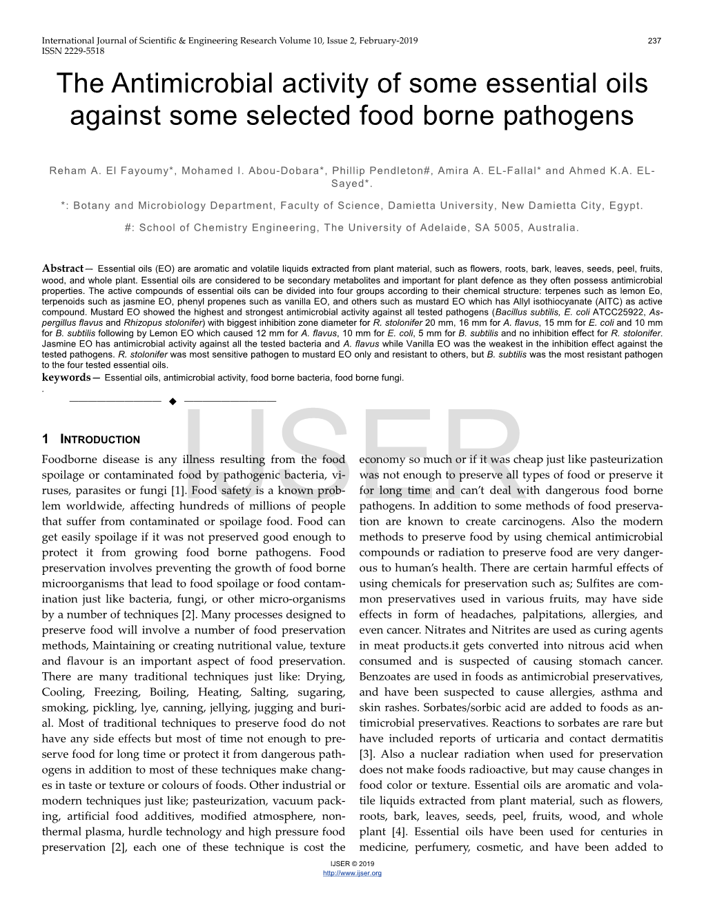 The Antimicrobial Activity of Some Essential Oils Against Some Selected Food Borne Pathogens