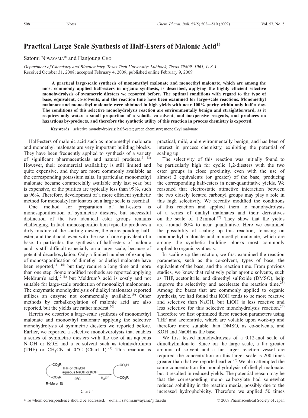 Practical Large Scale Synthesis of Half-Esters of Malonic Acid1)