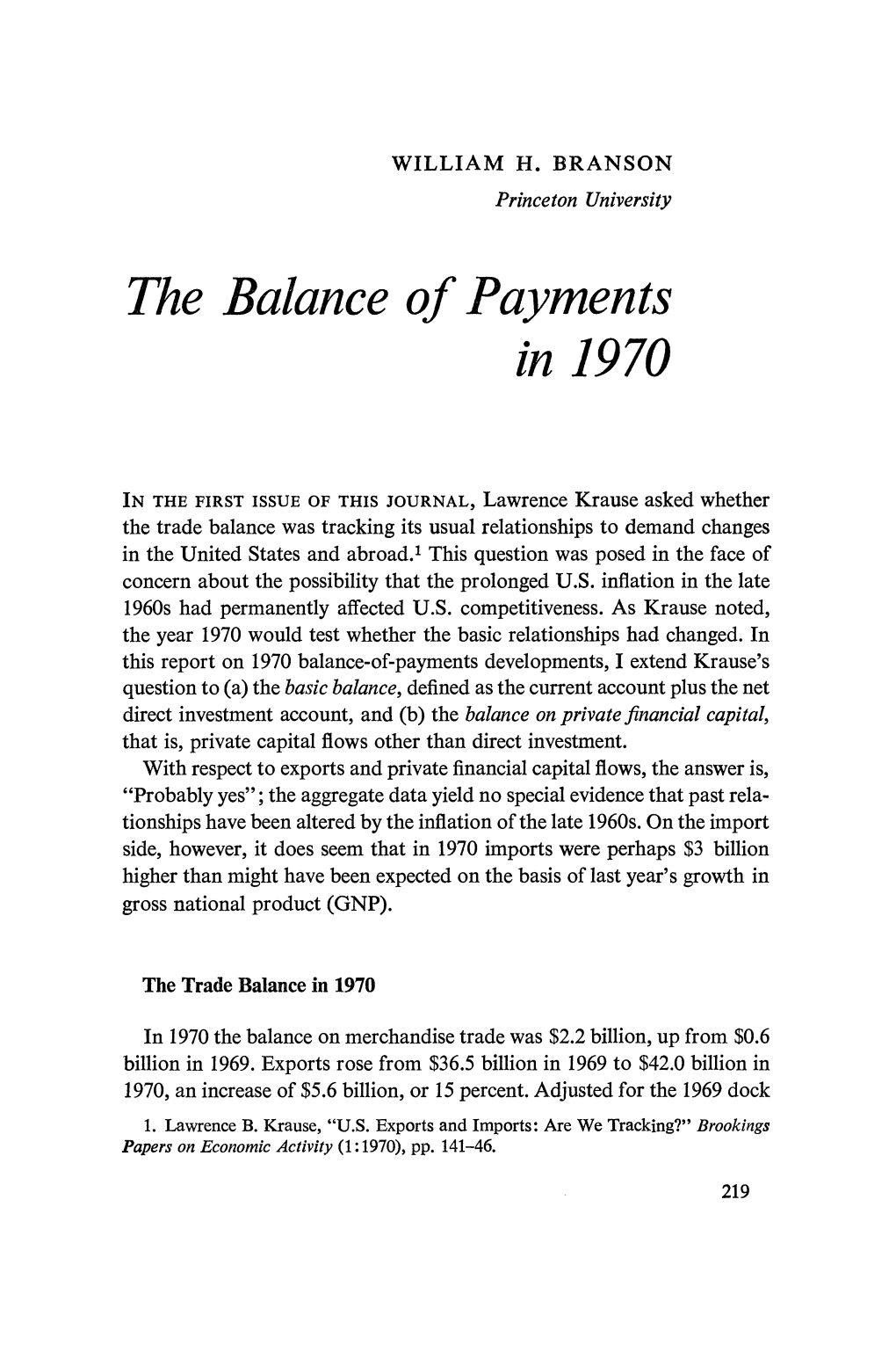 The Balance of Payments in 1970