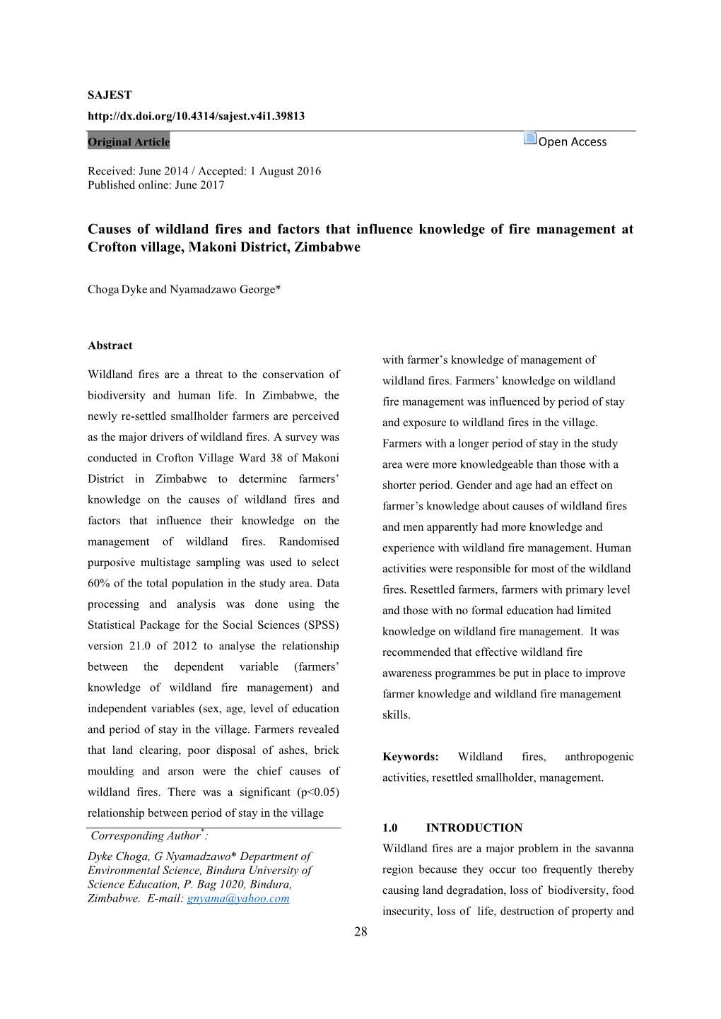 Causes of Wildland Fires and Factors That Influence Knowledge of Fire Management at Crofton Village, Makoni District, Zimbabwe