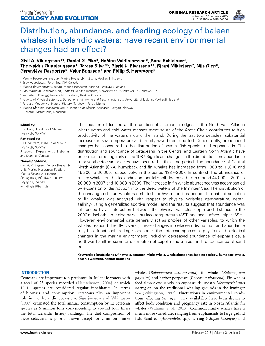 Distribution, Abundance, and Feeding Ecology of Baleen Whales in Icelandic Waters: Have Recent Environmental Changes Had an Effect?