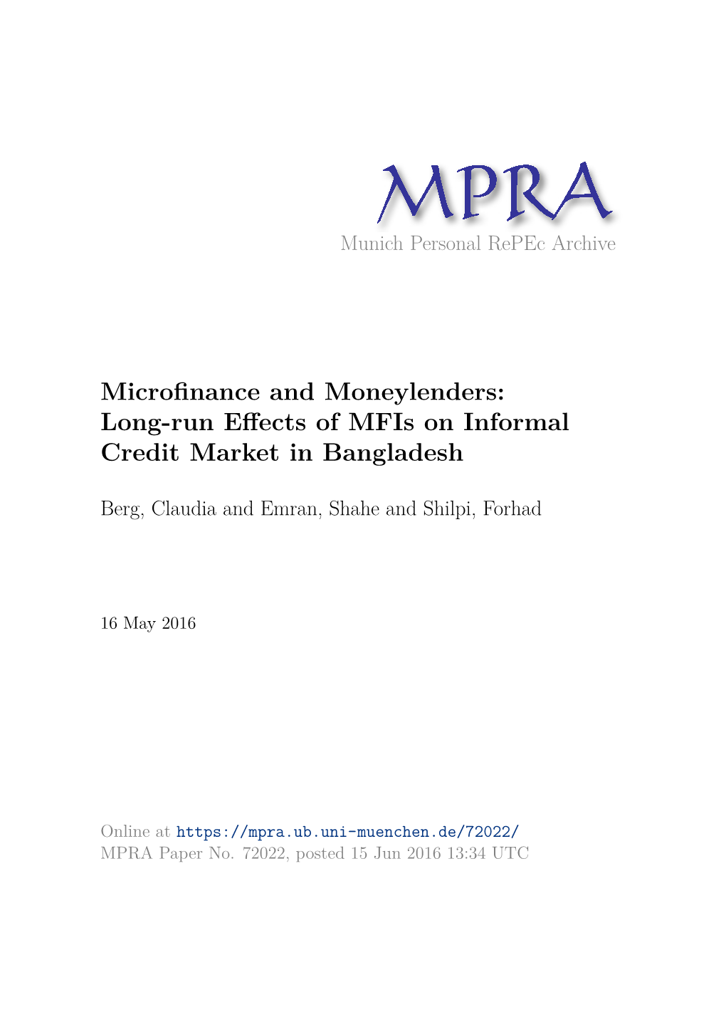 Microfinance and Moneylenders: Long-Run Effects of Mfis on Informal Credit Market in Bangladesh