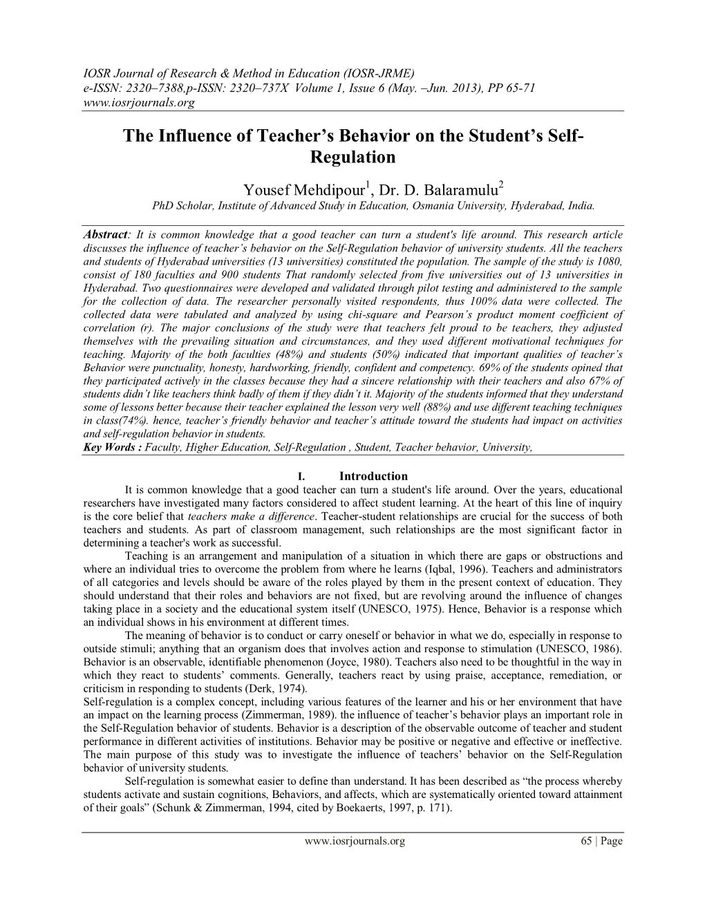 The Influence of Teacher's Behavior on the Student's Self- Regulation