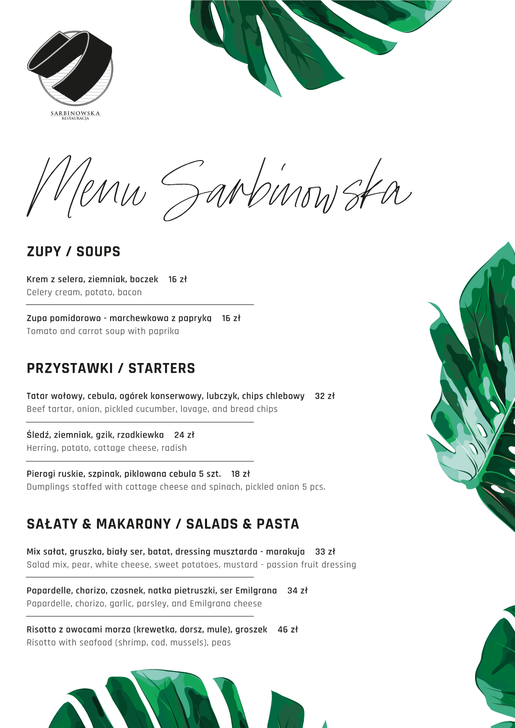 Sarbinowska Ulotka A4 Menu