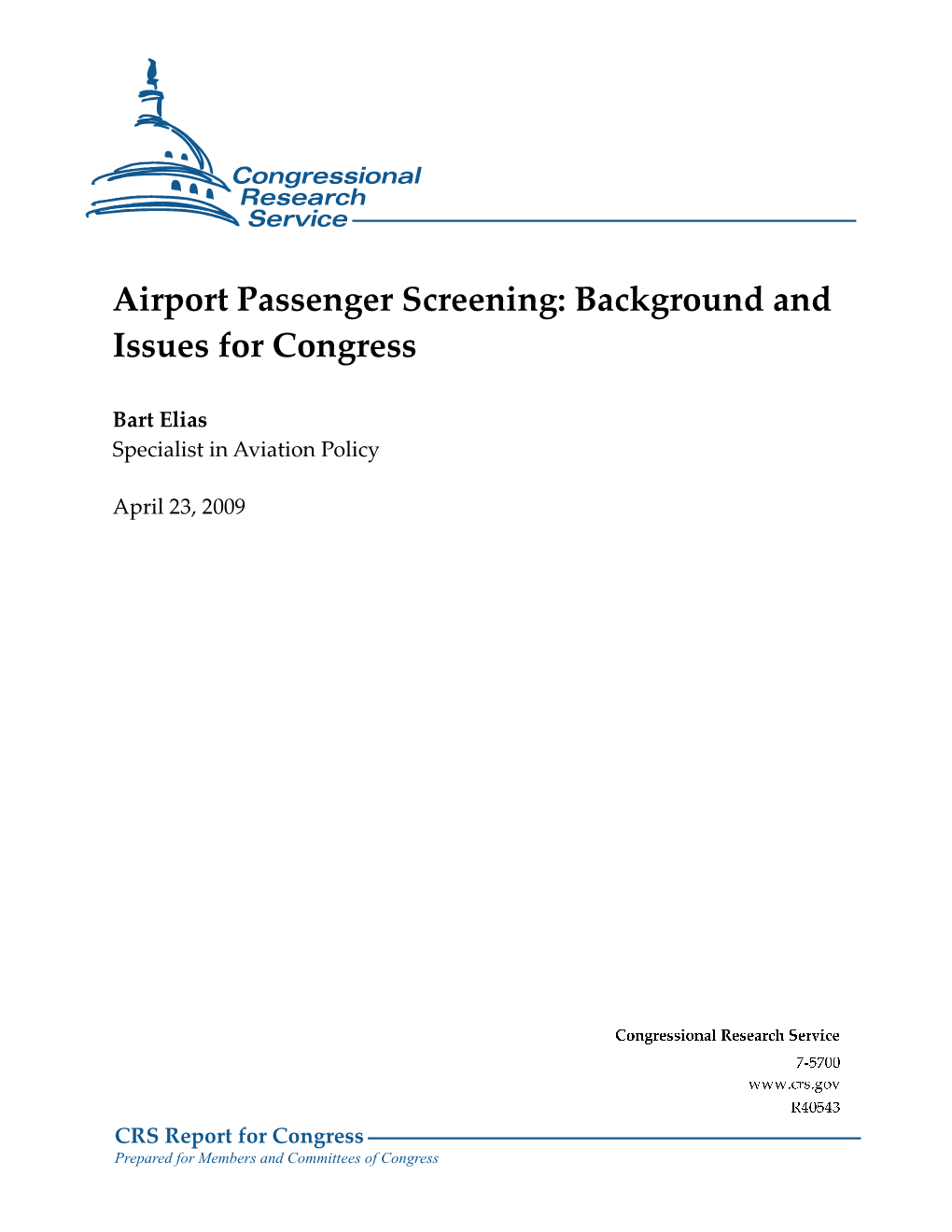 Airport Passenger Screening: Background and Issues for Congress