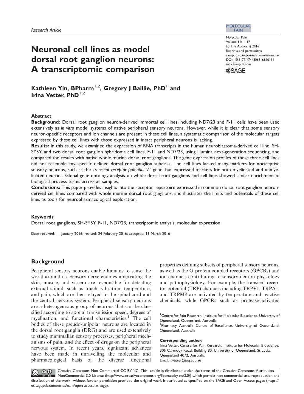 Neuronal Cell Lines As Model Dorsal Root Ganglion Neurons: A