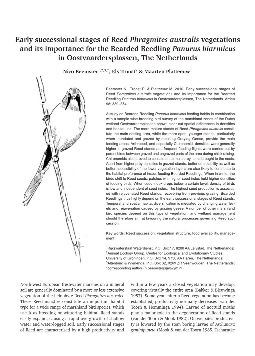 Early Successional Stages of Reed Phragmites Australis Vegetations and Its Importance for the Bearded Reedling Panurus Biarmicus