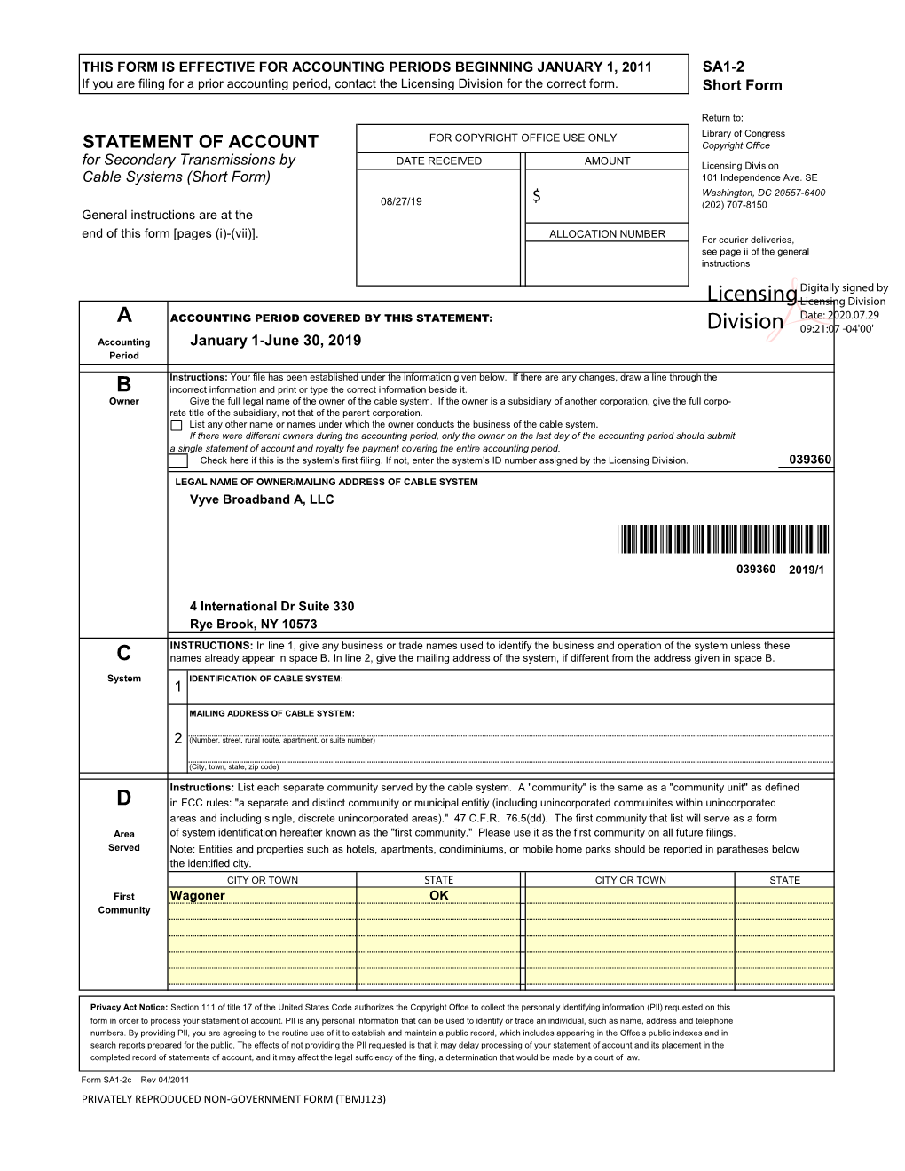 Licensing Division for the Correct Form