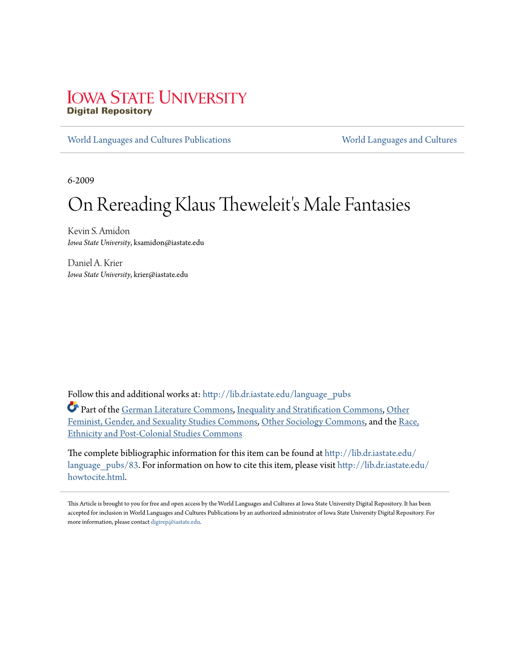 On Rereading Klaus Theweleit's Male Fantasies Kevin S