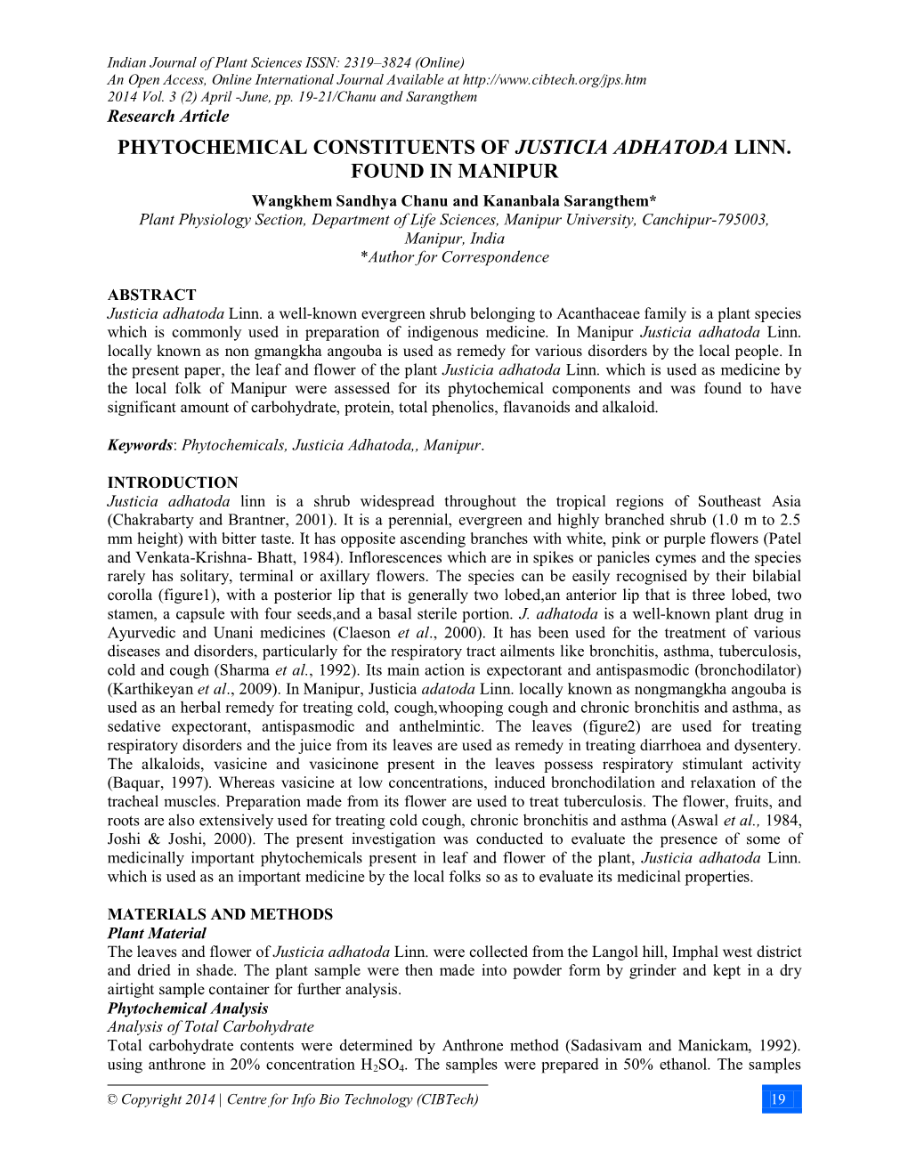 Phytochemical Constituents of Justicia Adhatoda Linn