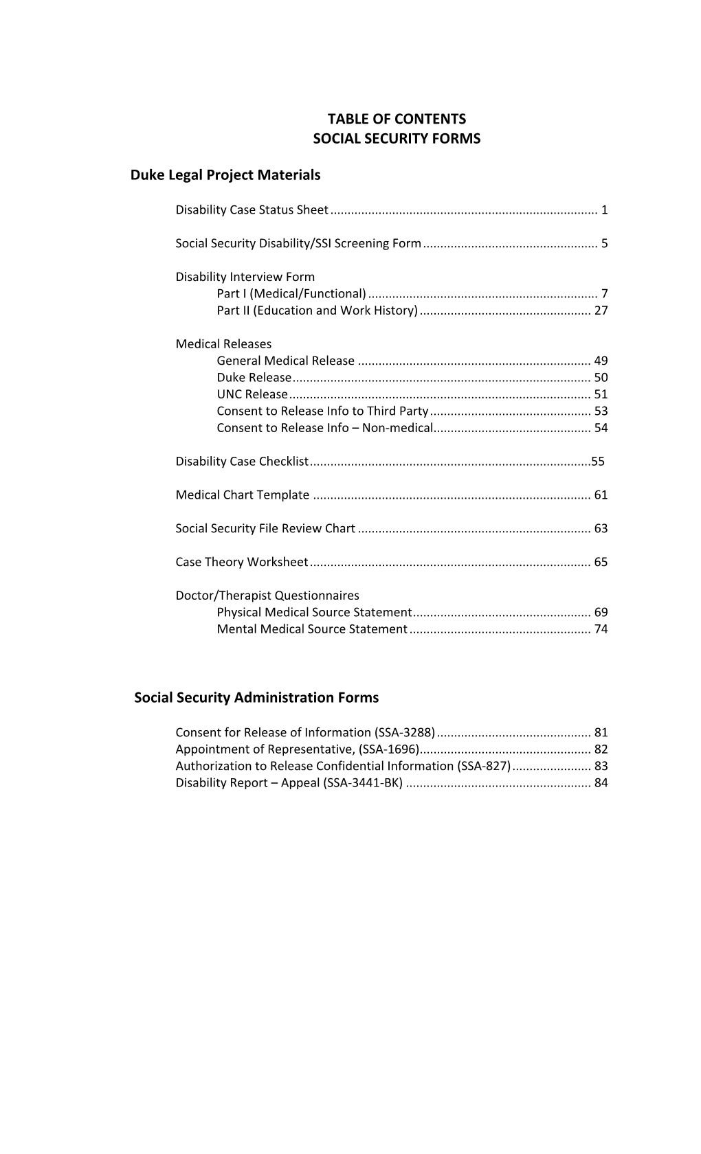 TABLE of CONTENTS SOCIAL SECURITY FORMS Duke Legal