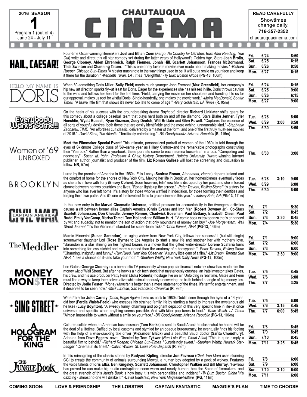 2016 SEASON READ CAREFULLY Showtimes 1 Change Daily