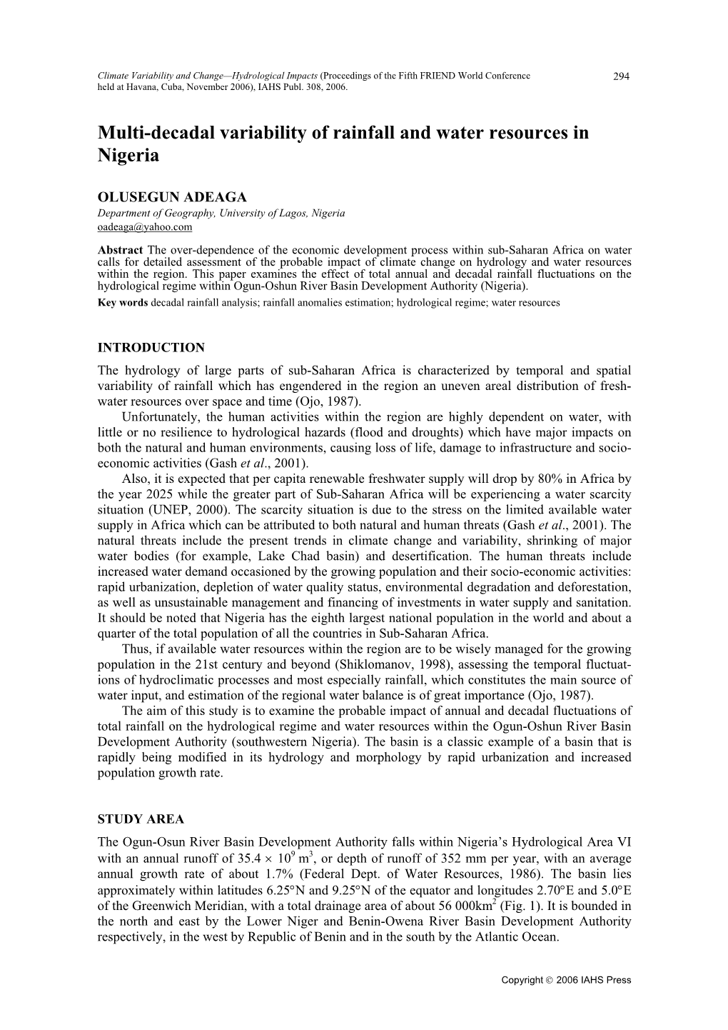 Multi-Decadal Variability of Rainfall and Water Resources in Nigeria