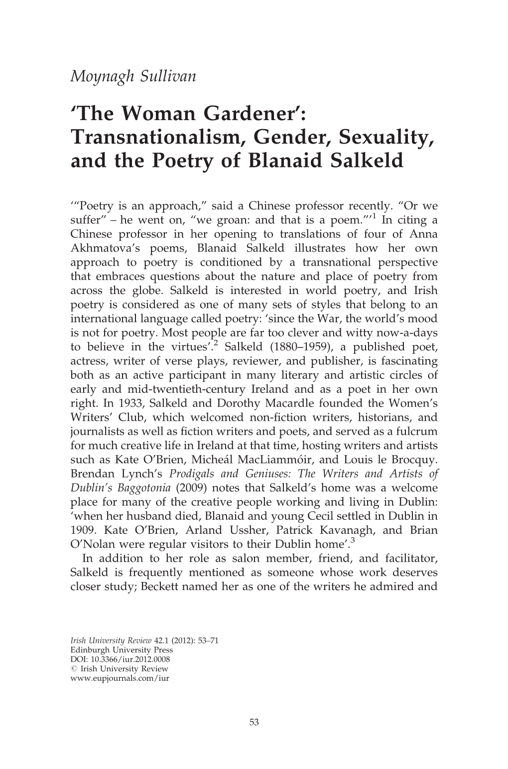 The Woman Gardener’: Transnationalism, Gender, Sexuality, and the Poetry of Blanaid Salkeld