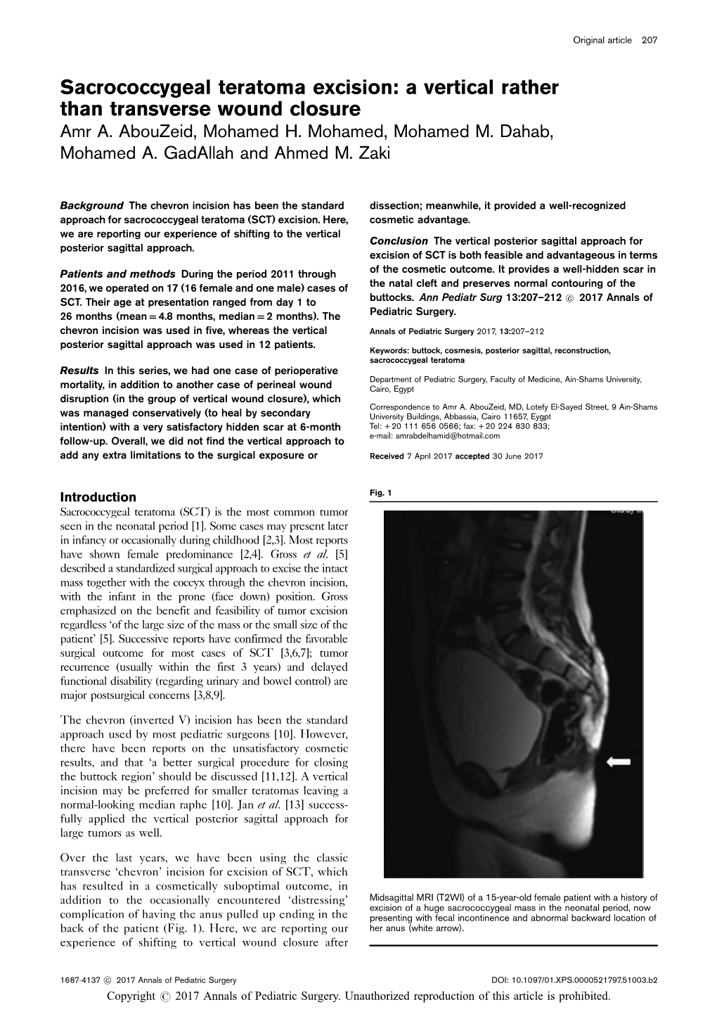 Sacrococcygeal Teratoma Excision: a Vertical Rather Than Transverse Wound Closure Amr A