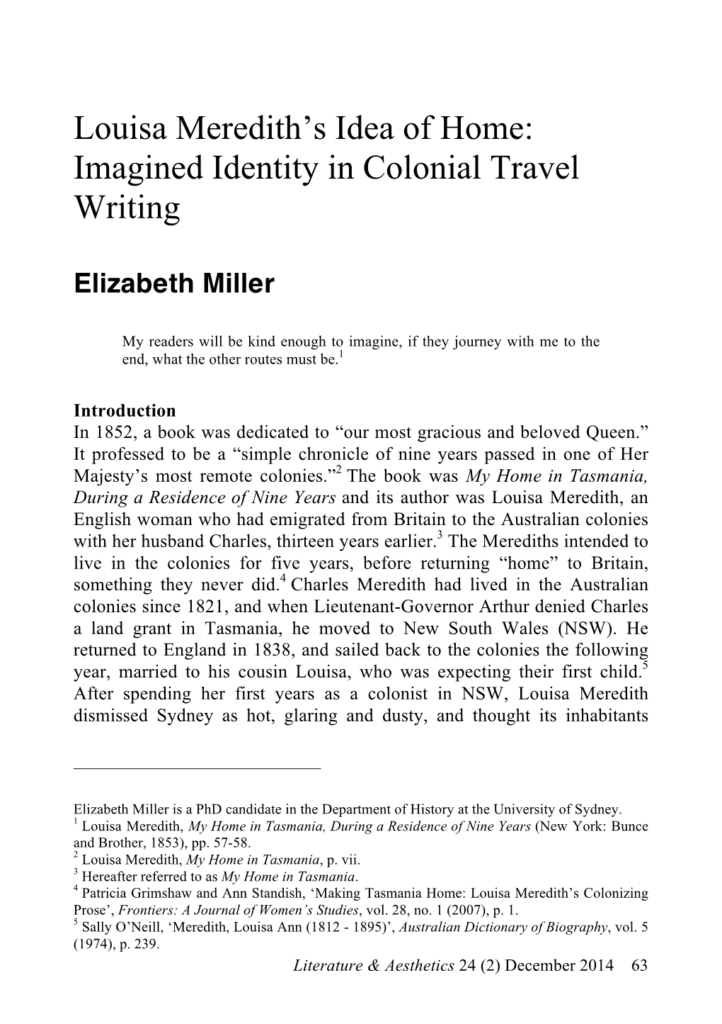 Louisa Meredith's Idea of Home: Imagined Identity in Colonial Travel