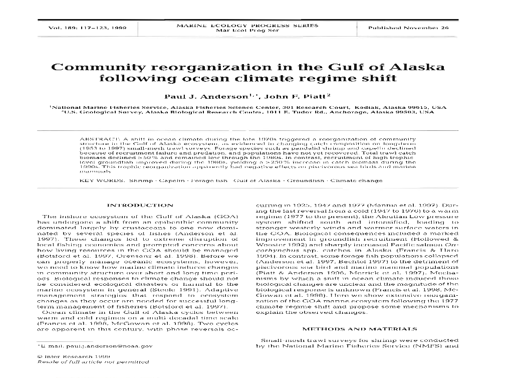 Community Reorganization in the Gulf of Alaska Following Ocean Climate Regime Shift