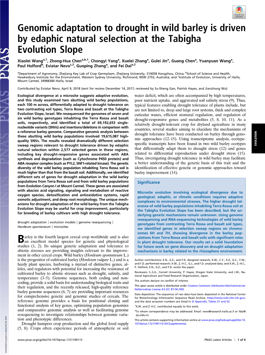 Genomic Adaptation to Drought in Wild Barley Is Driven by Edaphic Natural Selection at the Tabigha Evolution Slope