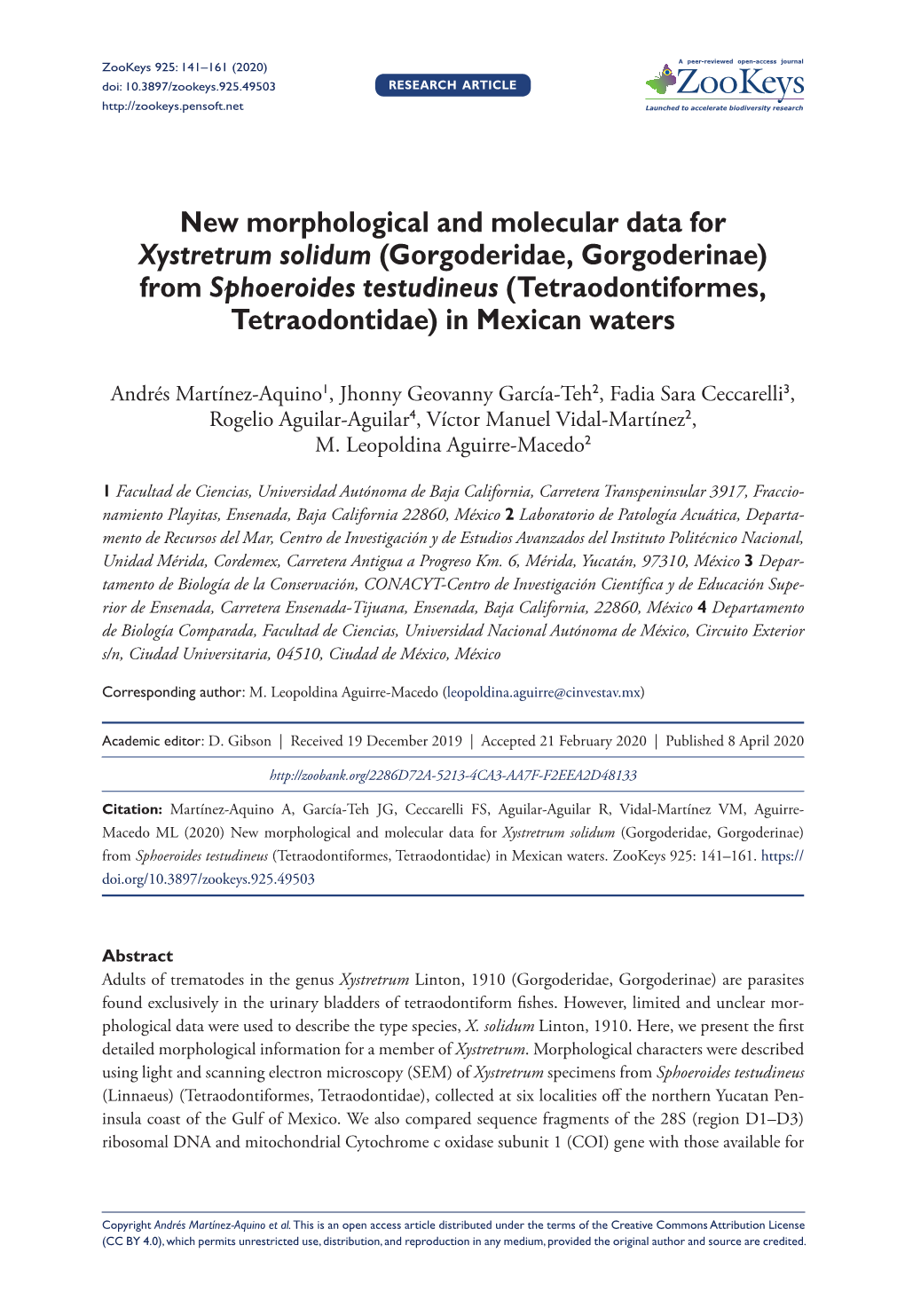 (Gorgoderidae, Gorgoderinae) from Sphoeroides Testudineus (Tetraodontiformes, Tetraodontidae) in Mexican Waters