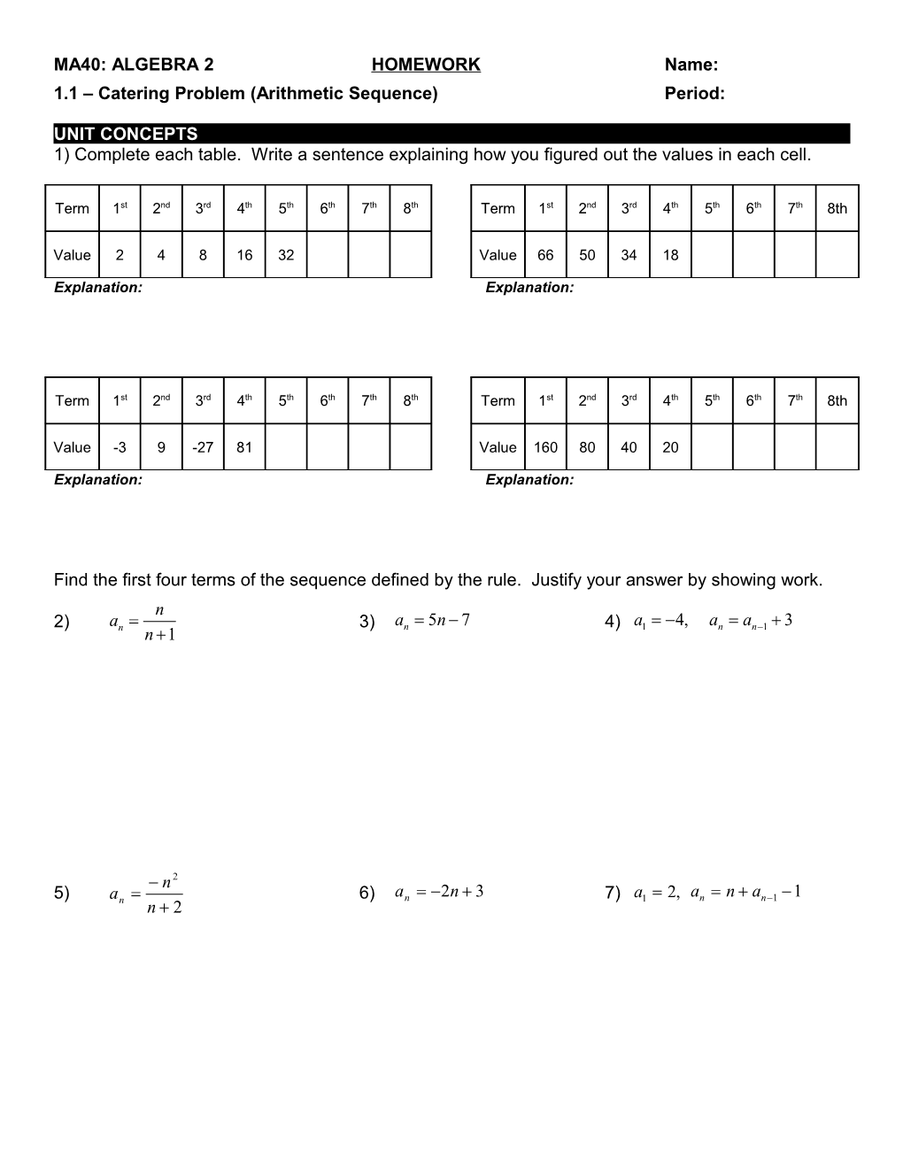 Unit 1 - Arithmetic & Geometric Sequences