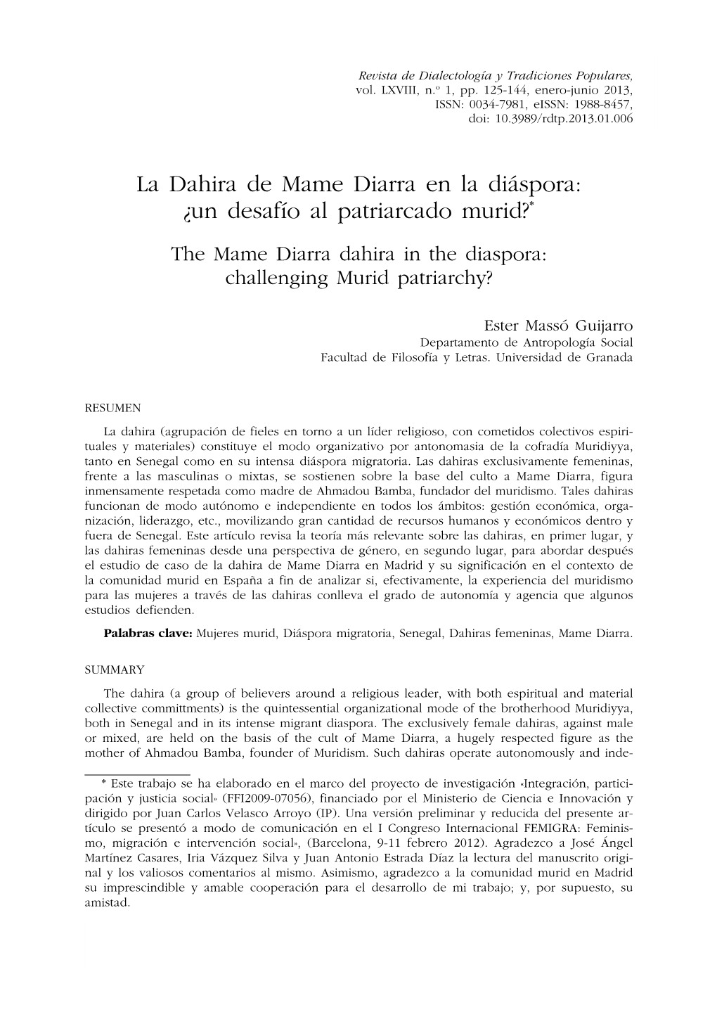 The Mame Diarra Dahira in the Diaspora: Challenging Murid Patriarchy?