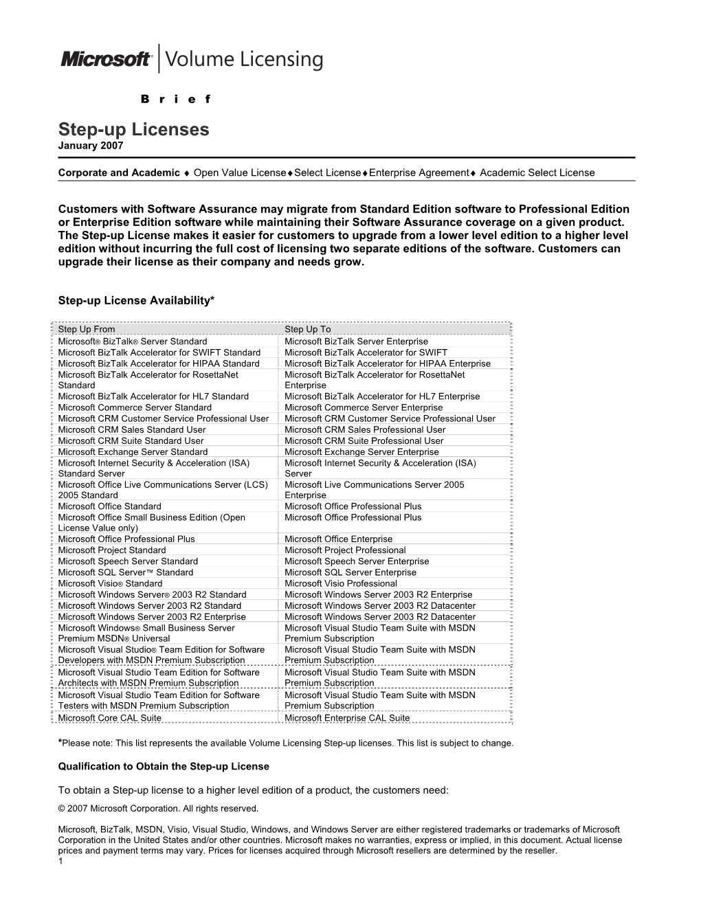 Step-Up Licenses January 2007