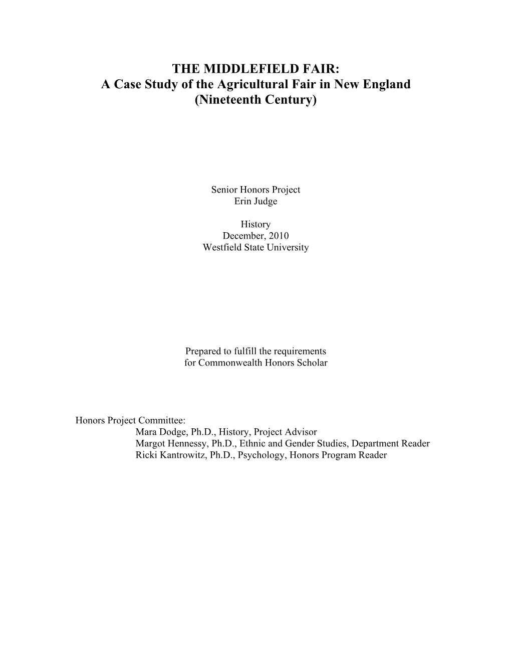 THE MIDDLEFIELD FAIR: a Case Study of the Agricultural Fair in New England (Nineteenth Century)