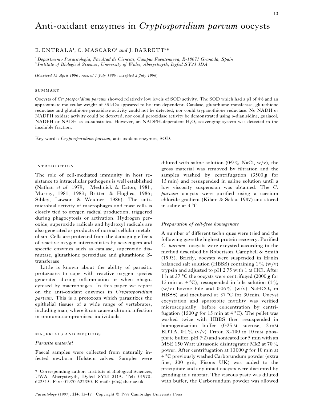 Anti-Oxidant Enzymes in Cryptosporidium Parvum Oocysts