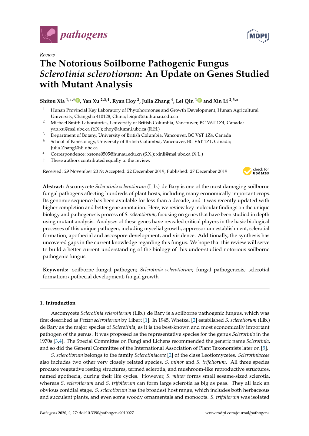 The Notorious Soilborne Pathogenic Fungus Sclerotinia Sclerotiorum: an Update on Genes Studied with Mutant Analysis