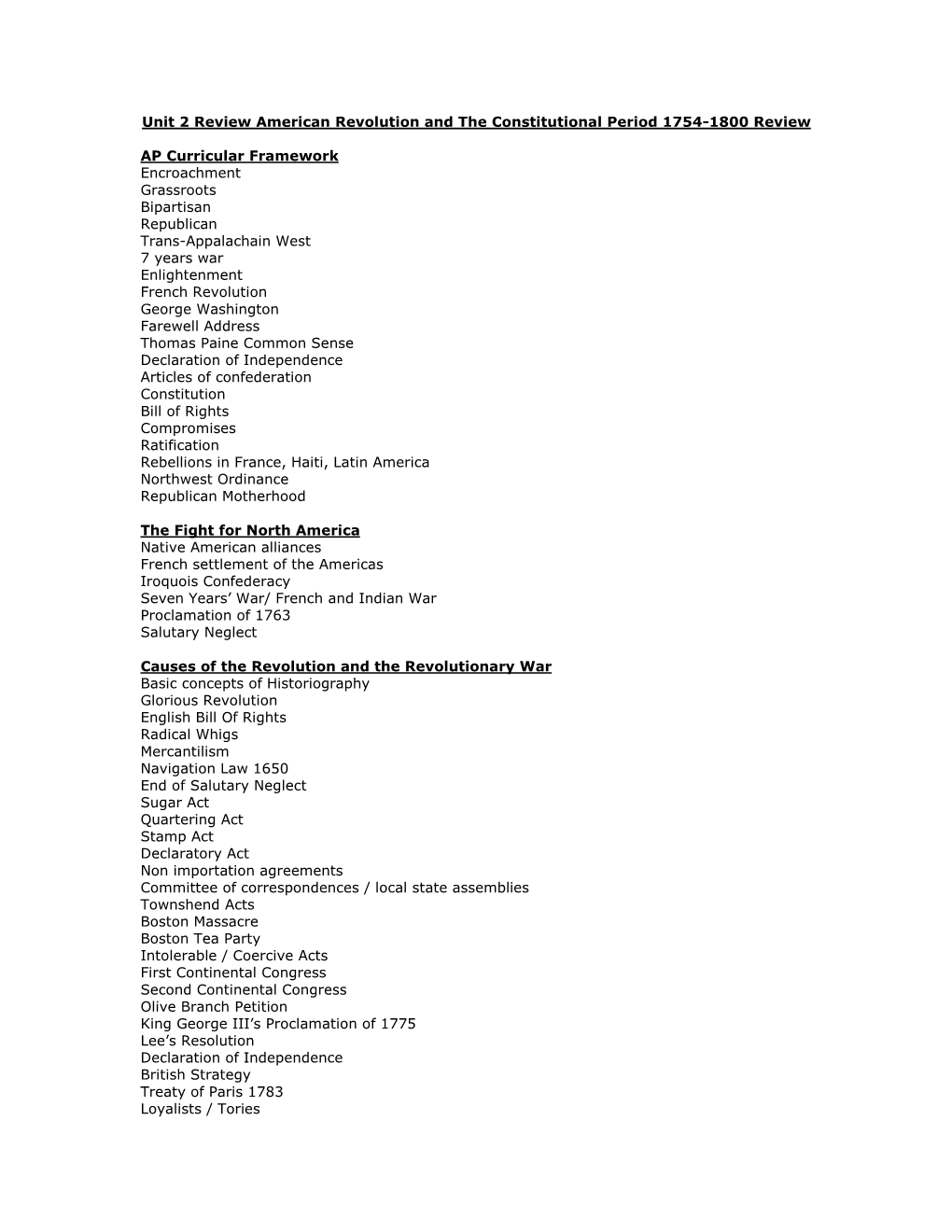 Unit 2 Review American Revolution and the Constitutional Period 1754-1800 Review
