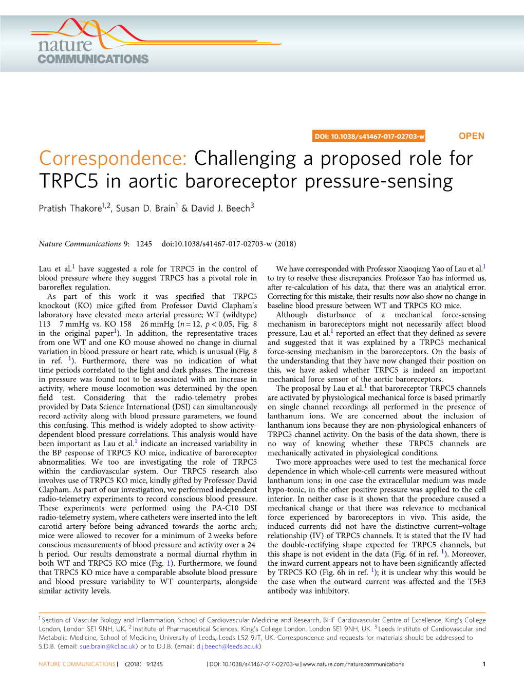 Challenging a Proposed Role for TRPC5 in Aortic Baroreceptor Pressure-Sensing