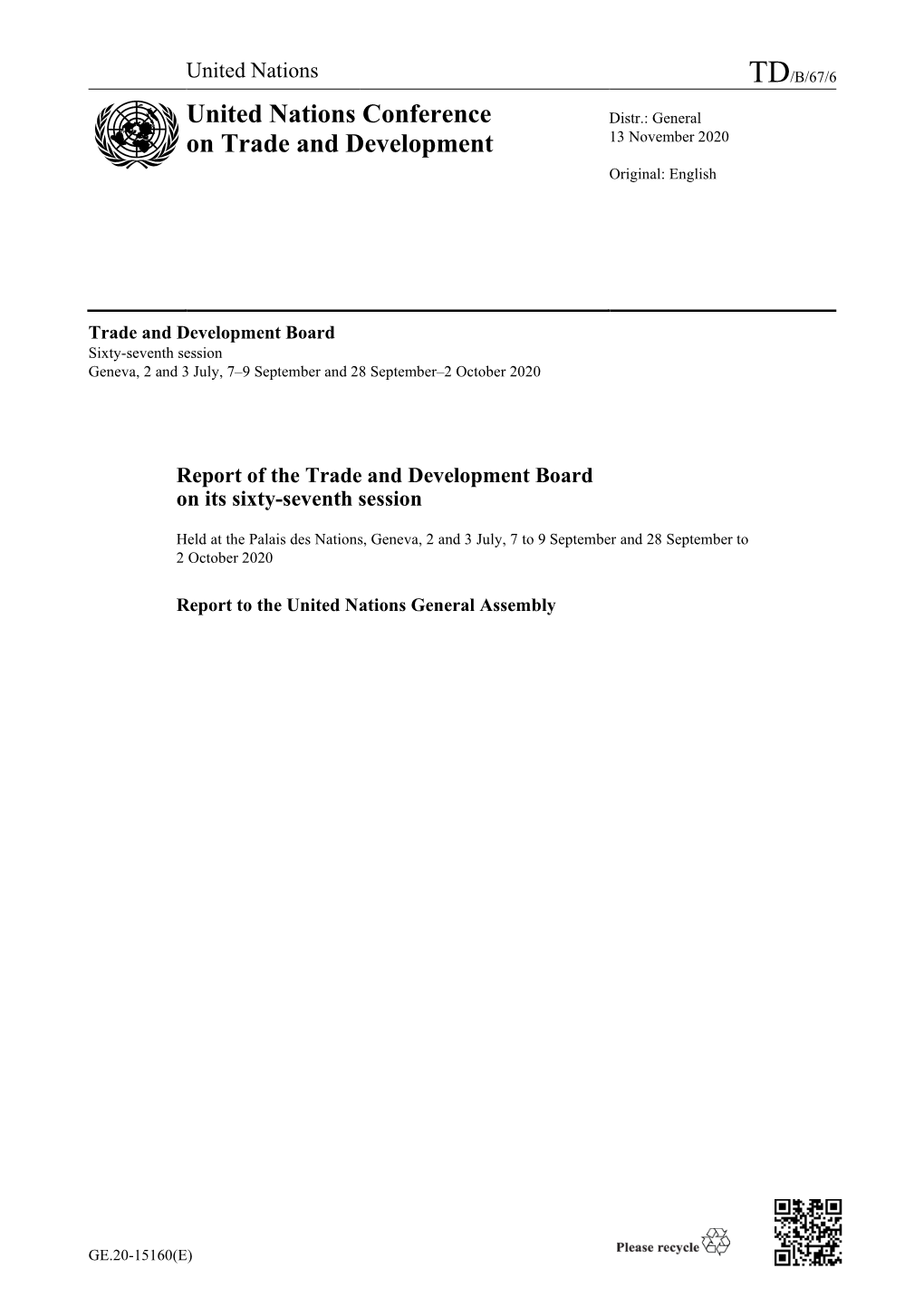 Report of the Trade and Development Board on Its Sixty-Seventh Session