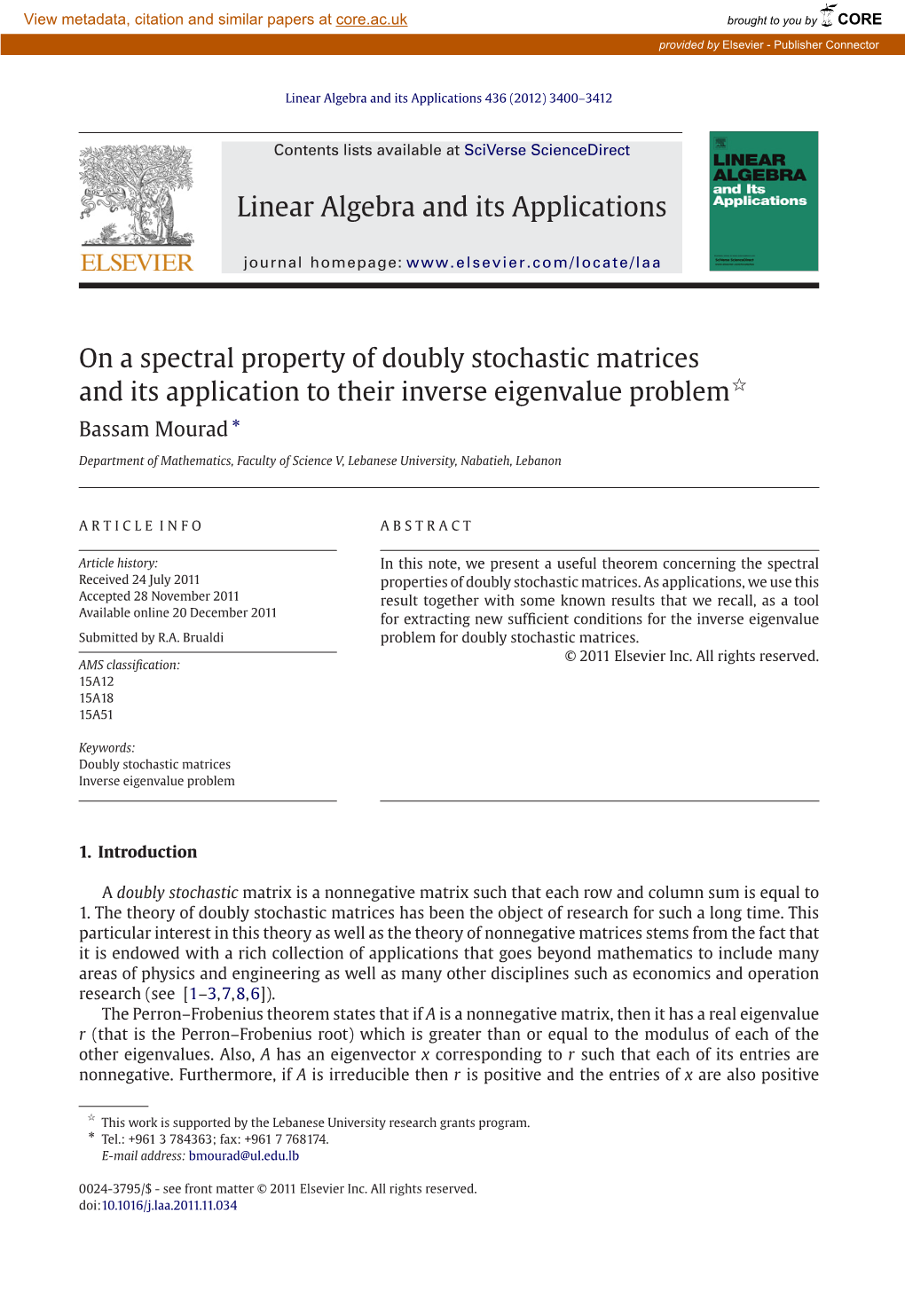 On a Spectral Property of Doubly Stochastic Matrices and Its Application to Their Inverse Eigenvalue Problem