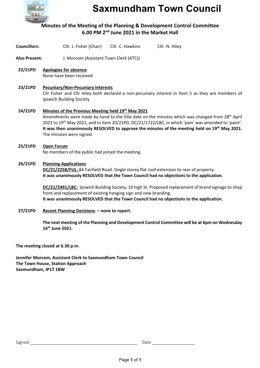 Saxmundham Town Council , Minutes of the Meeting of the Planning & Development Control Committee 6.00 PM 2Nd June 2021 in the Market Hall