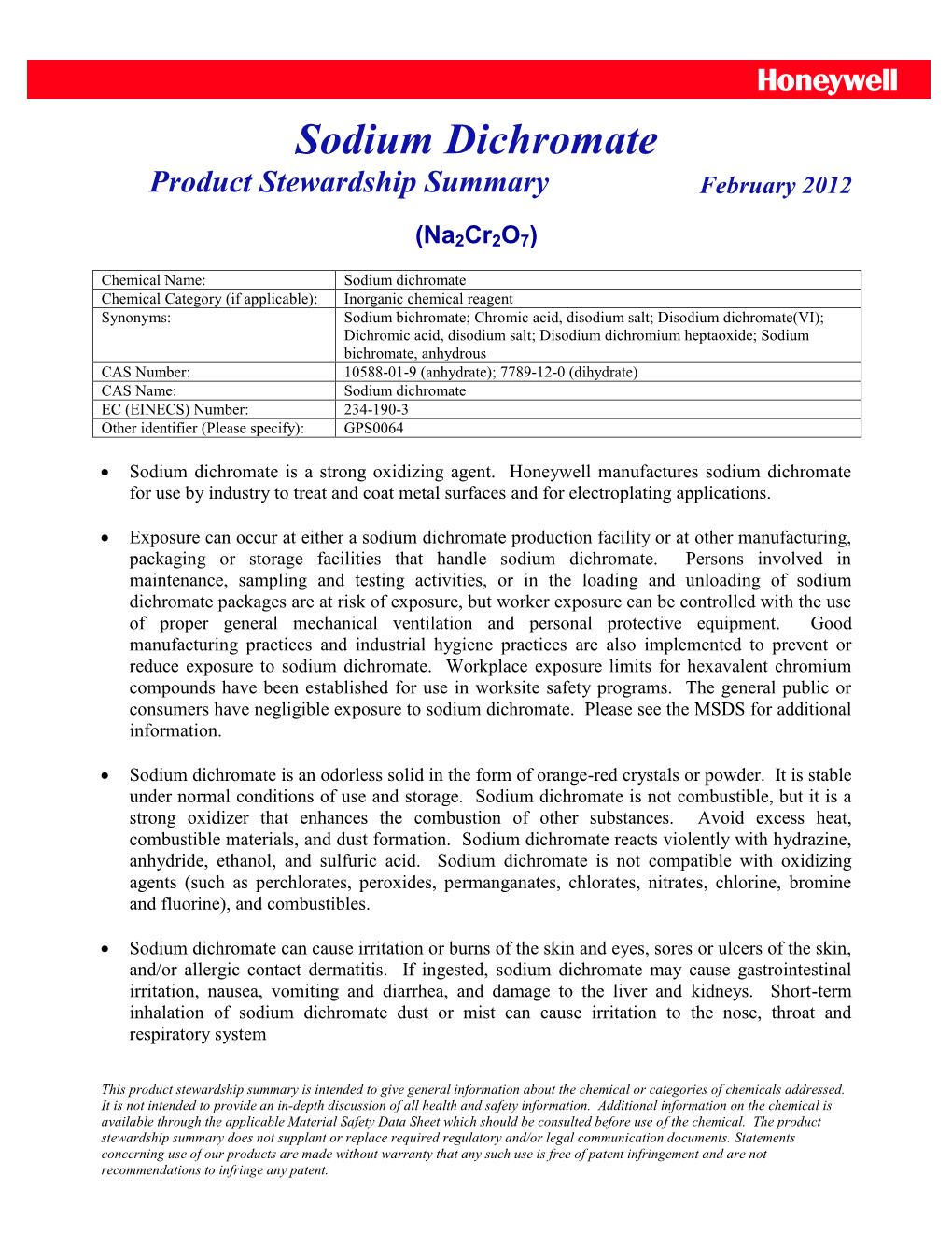 Sodium Dichromate Product Stewardship Summary February 2012