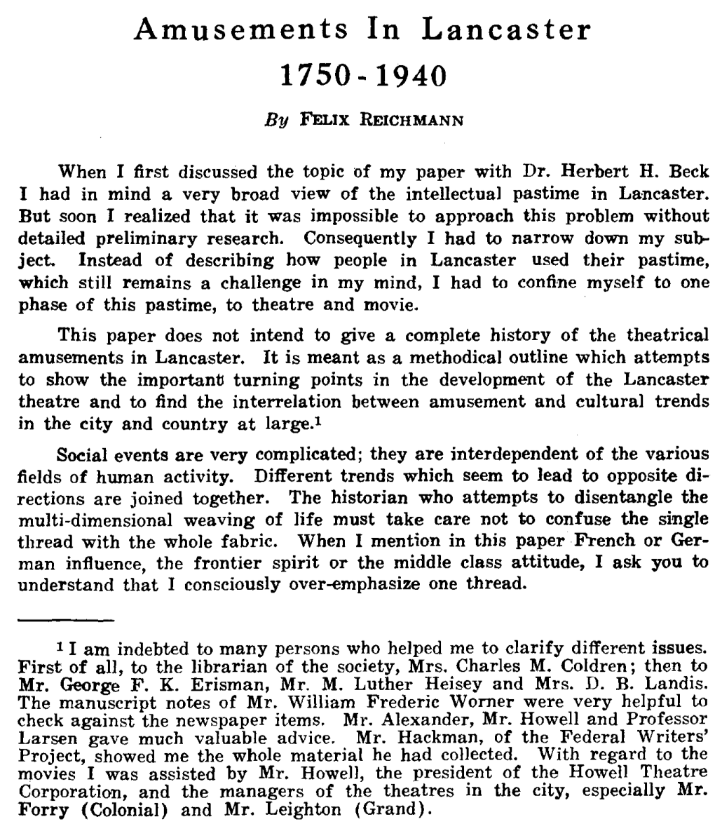 Amusements in Lancaster 1750-1940