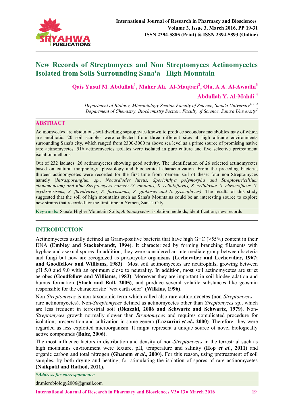 New Records of Streptomyces and Non Streptomyces Actinomycetes Isolated from Soils Surrounding Sana'a High Mountain