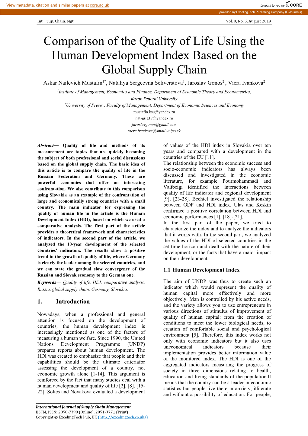 Comparison of the Quality of Life Using the Human Development Index Based on the Global Supply Chain