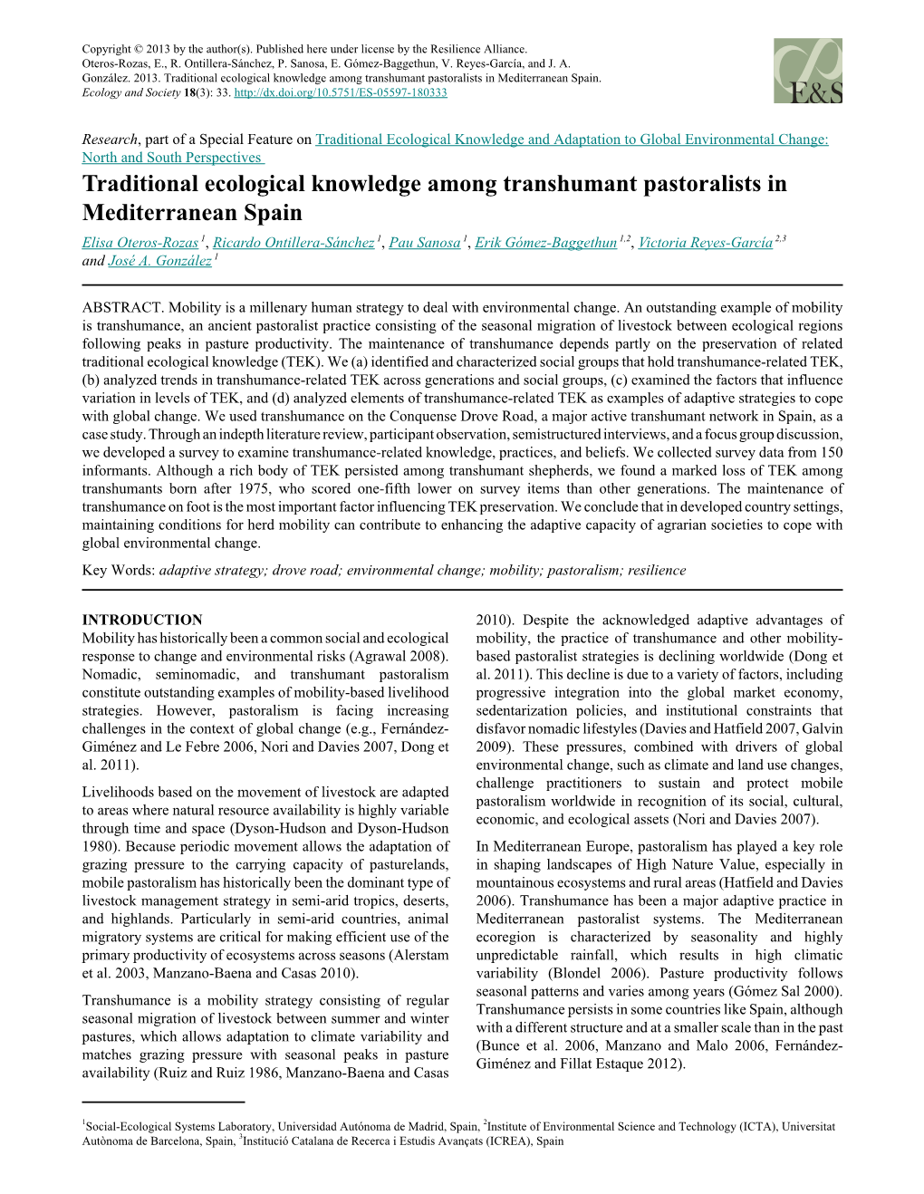 Traditional Ecological Knowledge Among Transhumant Pastoralists in Mediterranean Spain