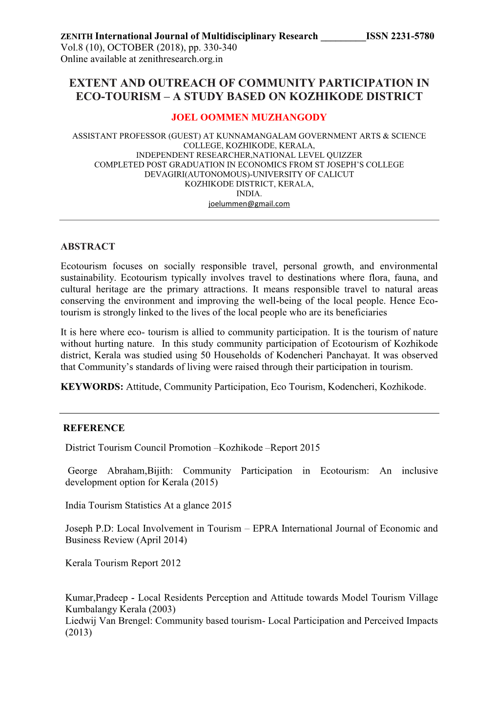 Extent and Outreach of Community Participation in Eco-Tourism – a Study Based on Kozhikode District Joel Oommen Muzhangody