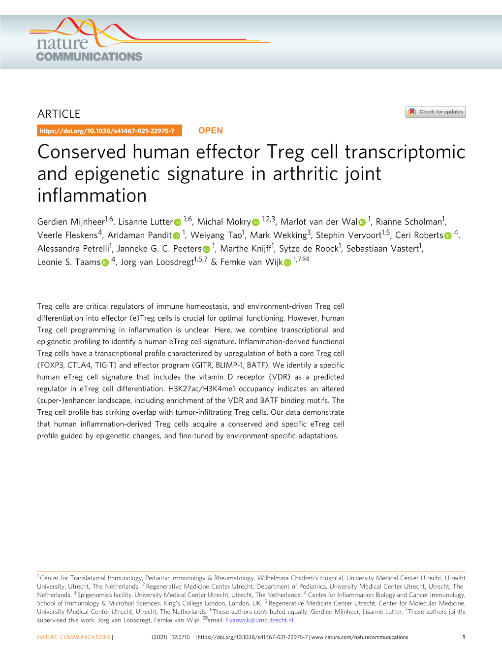 Conserved Human Effector Treg Cell Transcriptomic and Epigenetic Signature in Arthritic Joint Inﬂammation