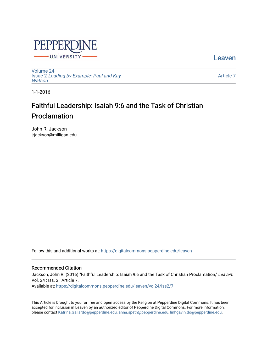 Faithful Leadership: Isaiah 9:6 and the Task of Christian Proclamation