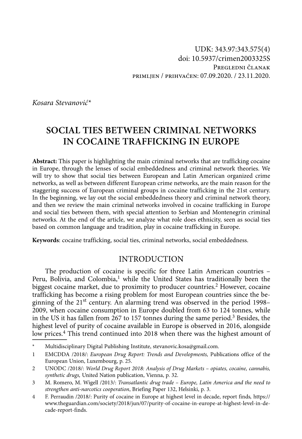 Kosara Stevanović, Social Ties Between Criminal Networks In